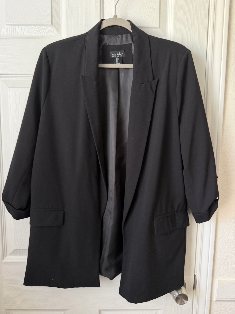 Nicole Miller New York Black Open Front Ruched Sleeve Career Blazer Size L
